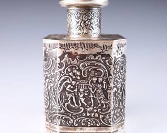 A late 19th century Continental Sterling Silver tea caddy. Square form with canted corners lift off cap and repousse decoration depicting Neoclassical Romantic scenes. Impressed hallmarks, likely German Hanau, tested Sterling. 5.5 troy ozs total. Some surface wear, minor denting. 5" high.