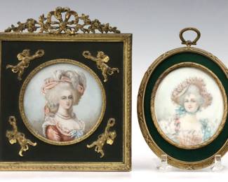 Two 19th century miniature painted portraits of women. Each depicted quarter length, includes a woman in a Pink gown and wrapped headdress also with a plume signed "Arnal", and a woman in a Pink gown and hat adorned with roses illegibly signed. Minor wear, Arnal portrait with minor wear to paint along lower edge, not examined out of frames. Images up to 3 1/4" high, in cast metal frames with Gilded finish and some wear, up to 6 1/4" high.