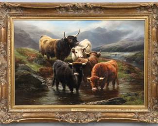 William Watson, British, 1866 - 1921.  Oil on canvas entitled "Highlanders" depicting five Highland cattle drinking from a stream, with the rest of the herd meandering in the distance.  Signed and dated "W. Watson 1887" at the lower right.  Some light wear and craquelure overall; within a molded gilt frame  with some wear, having title/name plaque at the lower central portion.  24 x 36" high, framed 44 1/4 x 32 1/4" high overall.  ESTIMATE $2,000-3000