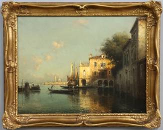 Antoine Bouvard, French, 1870-1956.  Oil on canvas depicting Venice, with the a view of St. Mark's Basilica in the background.  Singed "Bouvard" at the lower right, with "An Upper waterway, Venice, A. Bouvanrd" in pencil verso; within a molded gilt wood frame.  Some wear overall with small losses/flakes evident in several places, some craquelure; some wear and minor losses to the frame.  Sight 25 x 19" high, framed 30 1/2 x 24 1/2" overall.  ESTIMATE $2,000-3,000