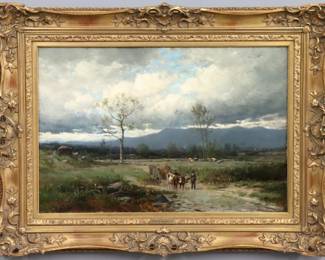 Joseph Antonio Hekking, Dutch/American, 1830-1903.  Oil on canvas depicting a Herder leading a team of cows  pulling a wagon along a muddy path.  Signed at the lower left; erroneous name plate adhered to the lower portion of the molded gilt and wood frame; paper label with title "Crossing the Stream" verso.  Some craquelure and wear along the margins, relined, some wear/losses to the frame.  30 x 20" high, framed 38 3/4 x 28 7/8" high overall.  ESTIMATE $800-1,200