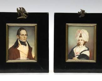 A pair of early 19th century miniature painted portraits of a young man and woman. Each depicted quarter length, the man in a Red waistcoat and Black silk scarf artist signed "Cosway" attributed to Richard Cosway (British, 1742-1821), the woman in a Blue gown and a turban style headdress signed "Pitt". Minor wear, not examined out of frames. Images 2 1/2 x 3 1/4" high, in Black lacquered wood frames with some craquelure and minor wear, 5 x 5 3/4" high overall.