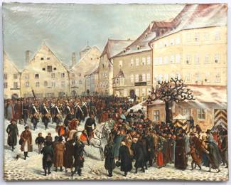 Franz Schilhabl, Hungarian, 1824-1902. A late 19th century oil on canvas genre scene, depicting a Austro-Hungarian military procession marching in a crowded town square in winter. Signed "Fr. Schilhabl" at the lower right and dated "1883". Some craquelure and wear, particularly around the edges with some losses, one tear at the left approx. 3/4" high, small indentation/puncture at the upper central portion. Unframed 43 x 33 3/4" high overall.