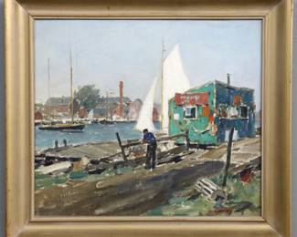 James Jeffrey Grant, Scottish/American, 1883-1960.    Oil on canvasboard depicts a New England harbor scene in vivid colors.  Signed "J. Jeffrey Grant" at the lower right.  Within a gilt wood frame, Hudson's label verso.  Very minor indications of craquelure, overall condition of the image is good; some losses and wear to the frame.  Sight 15 3/8 x 13 1/4" high, framed 19 1/4 x 17 1/4" overall.  ESTIMATE $800-1,200