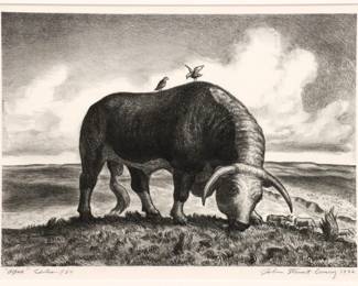 John Steuart Curry, American, 1897-1946.  A 1930's lithograph on paper, titled "Ajax" (Cole 14).  From the Associated American Artists, New York, edition of 50.  Signed "John Steuart Curry" and dated "1932" in pencil lower right, titled with notation "Edition of 50" lower left, additionally signed "Curry" in the stone lower right. Retains  AAA Certificate of Authenticity.  Slight wear, not examined out of frame. Image  13 3/4 x 9 3/4" high, in a wood frame with some wear 21 1/2 x 18" high overall.

