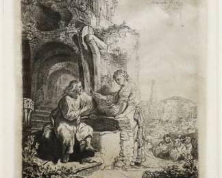 Rembrandt van Rijn, Dutch, 1606-1669.  An etching with drypoint on laid paper, titled "Christ and the Woman of Samaria Among Ruins". Signed "Rembrandt" and dated "1634" in the plate upper right, later annotation "1/128" lower center. Not examined out of frame. Framed 10 1/4 x 11 1/2" high overall.

