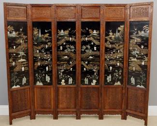 6 panel Chinese Coromandel Screen with Jade and Hardstone in a carved Rosewood frame