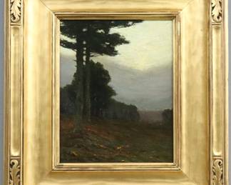 Charles Warren Eaton, American, 1857-1937.  Oil on wood panel Tonalist scene depicting a serene pine forest in both cool blues and greys and dark greens and rich browns.  Signed at the lower left, contained within a gilded Newcomb-Macklin frame.  Light wear overall, some wear and small losses to the frame.  8 1/4 x 10" high, framed 14 5/8 x 16 1/2" overall.  ESTIMATE $1,000-2,000