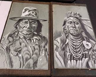 (2) 1990 Hand-Painted Native American Portraits on Slate — “Sitting Bull” & “Plenty Coups”