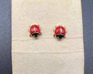 Ladybug Earrings on Jewelry Display Card Reading, “14K Gold Posts”