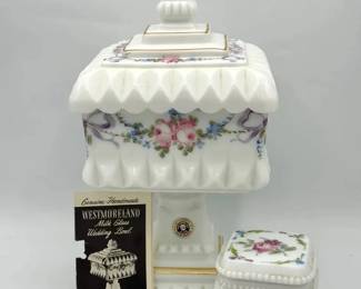 Stickered Westmoreland milk glass Wedding Box & Milk Glass Trinket Box