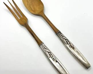 Sterling Silver Wooden Serving Spoon & Fork Set