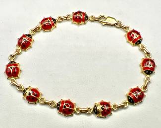 14KT Gold Bracelet — Hand Painted Ladybug Jewelry