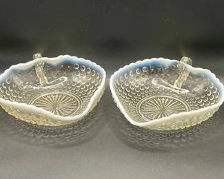 (2) 1940s Opalescent Hobnail Matching Glass Candy Dishes