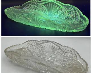 11” Clear Cut Glass Dish with Green Ultraviolet Glow