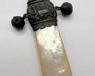 Sterling Silver Mother of Pearl Antique Baby Rattle, Whistle, & Teether
