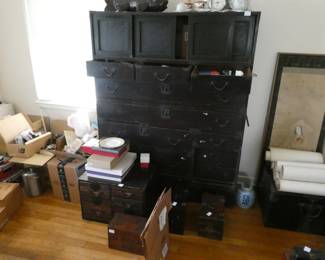 Large Japanese chest from the late Edo period w/ sliding doors and drawers.  Top and bottom separate for easy transport.