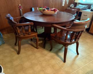 OAK PEDISTAL TABLE AND CHAIRS