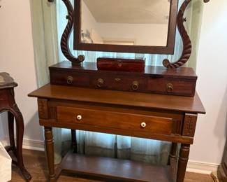 TABLE TOP VANITY SHAVING MIRROR WITH DRAWERS SITTING ON PRIMITIVE DESK