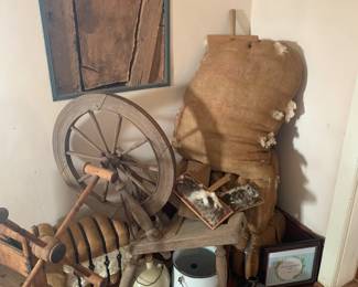 spinning wheel, skein winder, early bale of cotton