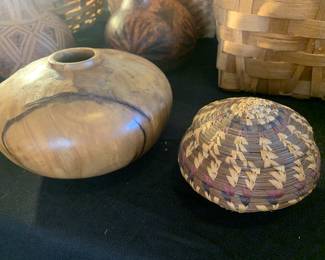 Gorgeous hand carved burles wood bowl and Native American Pine Straw covered basket. 