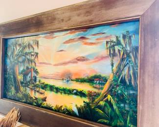 4 ft long hand painted Louisiana scenes framed in Cypress