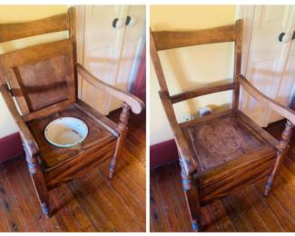 Primitive potty chair that appears as a traditional chair. 