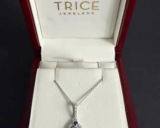 14K White Gold Sapphire Diamond Pendant Necklace Oval Center, Halo Accents
