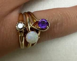 Set of Three 14K Gold Gemstone Rings Rose Cut Diamond, Amethyst, and Opal