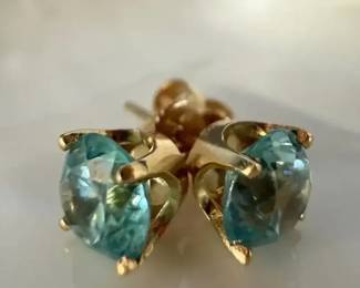Blue Zircon Stud Earrings, 14K Yellow Gold setting