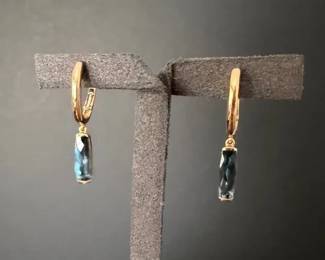 Rose Gold Blue Topaz Dangle Huggie Earrings