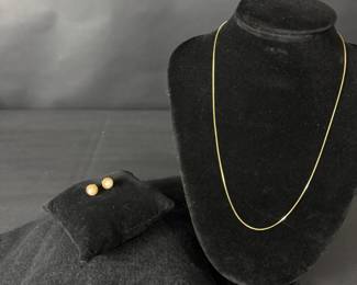 14K Yellow Gold Pearl Jewelry Set Necklace Stud Earrings HighEnd Pinkish Tone Pearls