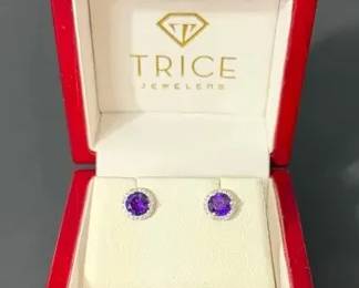 18K Gold Amethyst Diamond Cluster Earrings 5.6mm Amethyst, 18 FullCut Diamonds