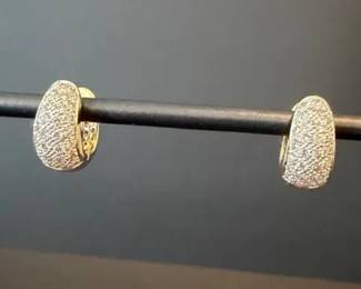 14K Gold Hinged Hoop Earrings Pave White Brown Diamonds, Reversible Design