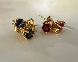 14K Yellow Gold Ruby Sapphire Stud Earrings with Diamond Accents