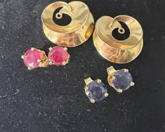 Grouping of 14K Gold Earrings Sapphire 5mm, Ruby 4.8mm, and 1.88g Ear Jackets