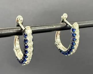 Trice Jewelers 18K White Gold Diamond and Sapphire Hoop Earrings 3 4 Length, 4.43g