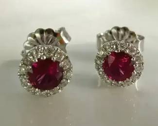 Ruby Diamond Halo Stud Earrings in 14K white gold setting
