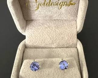 14K White Gold Tanzanite Stud Earrings 1.73ctw Round Brilliant, 4Prong