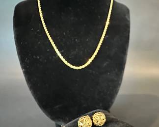 14K 18 Gold Necklace, Ruby Stud, Gold Pearl Stud, And Gold Filigree Stud Earrings 14K