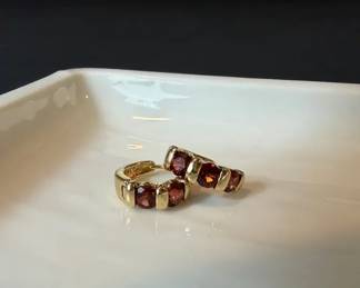 14K Gold Garnet Hoop Earrings 3.05g, Small Huggie Style