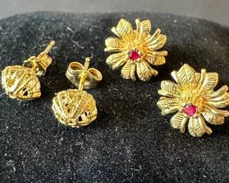 Ruby Floral and Filigree Ball Earrings 14K