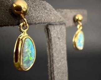Boulder Opal Dangle Earrings, Bezel Set in 14K