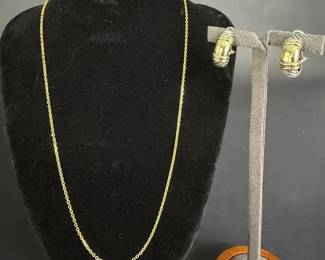 14K Gold Sterling Silver Hoop Earrings 10.36g and 14K Gold Chain Necklace 2.70g