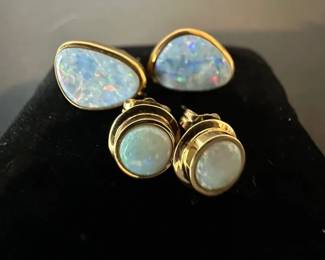 2 Pairs 14K Gold Boulder Australian Opal Stud Earrings