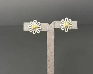 Tiffany Co. Sterling Silver 18K Gold Daisy Flower Earrings with Box