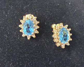 14K Yellow Gold Blue Topaz Diamond Halo Earrings