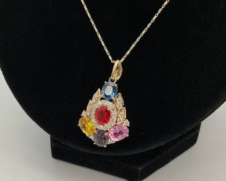 Multi Colored Sapphire and Diamond Pendant Necklace