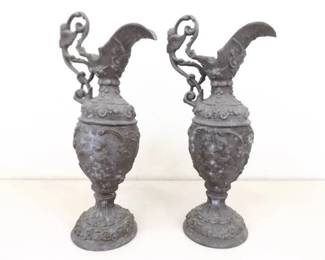 2 Antique Pewter Metal Decorative Urns
