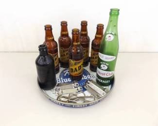 Vintage Pabst Serving Tray, Beer Bottle Openers, and Soda Pop Bottles
